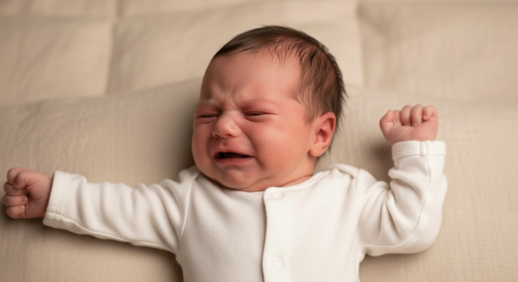 Bébé qui pleure avec les bras levés, allongé sur un coussin